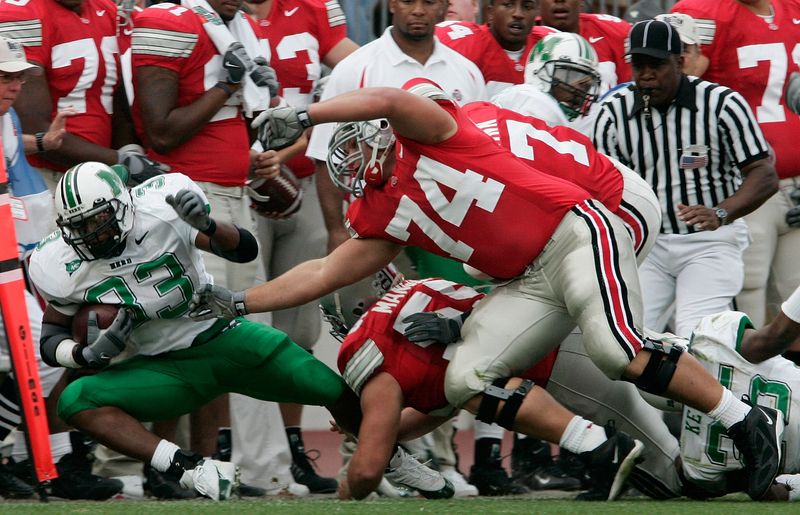 Ohio State right tackle Kirk Barton (74), seen here during a Sept. 11, 2004 game against Marshall, played for the Buckeyes from 2003-2007. (Dispatch photo by Neal C. Lauron)