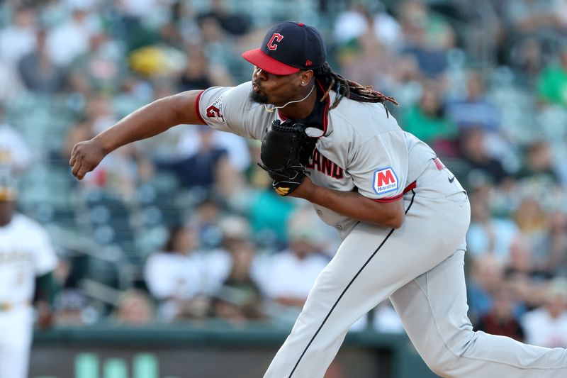 Guardians starting pitcher Luis L. Ortiz throws a first-inning pitch against the Athletics, June 21, 2025, in West Sacramento, California.
