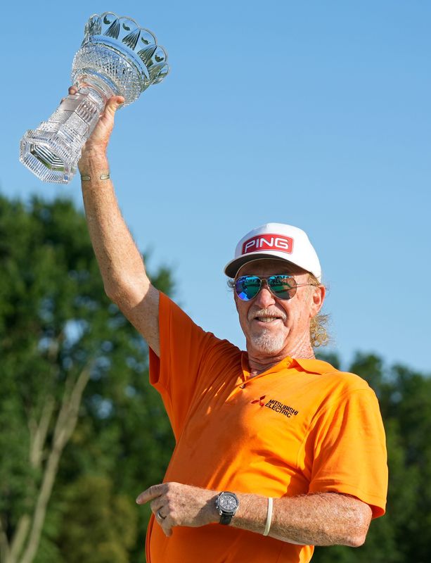 Miguel Angel Jiménez of Spain celebrates after winning the 2025 Kaulig Companies Championship at Firestone Country Club, Sunday, June 22, 2025, in Akron, Ohio.