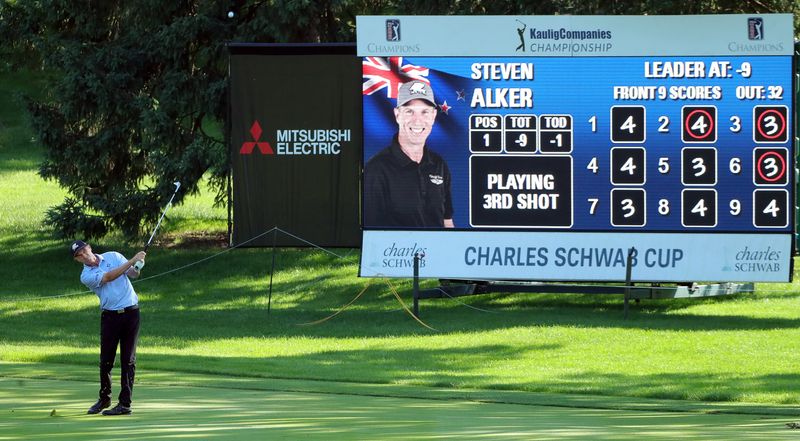 Steven Alker of New Zealand takes his approach shot from the No. 16 fairway during the final round of the 2025 Kaulig Companies Championship at Firestone Country Club, Sunday, June 22, 2025, in Akron, Ohio.