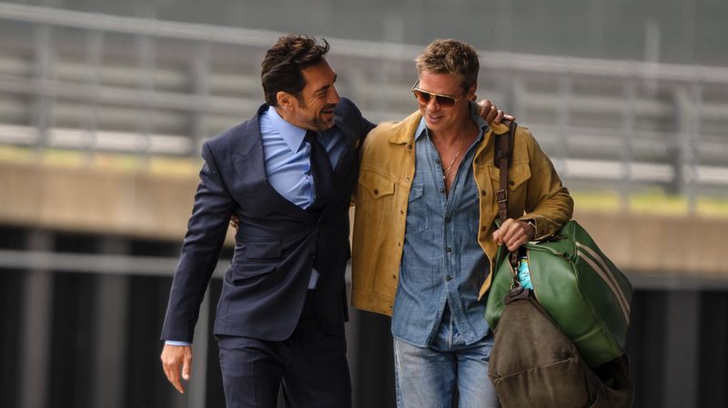 (Left to right) Javier Bardem as Ruben Cervantes and Brad Pitt as Sonny Hayes in Apple Original Films’ “F1 The Movie.”