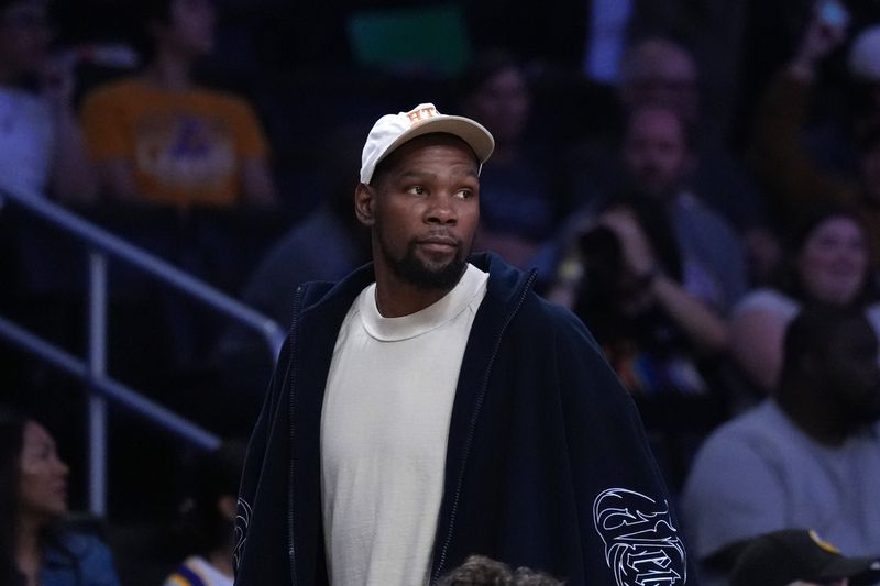 May 27, 2025; Los Angeles, California, USA; Kevin Durant attends a WNBA game between the Atlanta Dream and LA Sparks at Crypto.com Arena. Mandatory Credit: Kirby Lee-Imagn Images