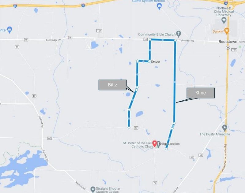 This map from the Portage County Engineer's Office shows the detour that will be in place during replacement of the Old Forge Road bridge. The work is expected to be complete by November.