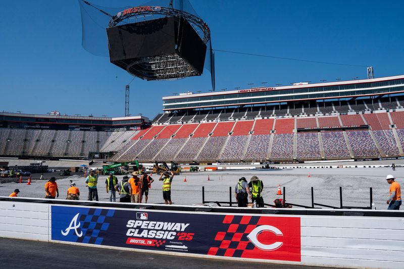 Construction of the baseball field in progress during a media event at Bristol Motor Speedway on June 24, 2025, ahead of the MLB Speedway Classic game between the Atlanta Braves and the Cincinnati Reds held at the racetrack.