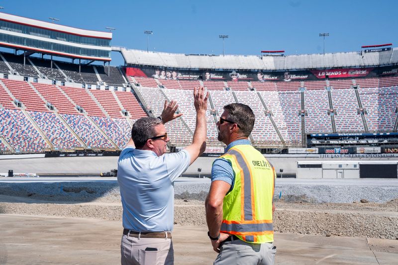 Bristol Motor Speedway president and general manager Jerry Caldwell, left, speaks with Speedway Motorsports Senior VP of Operations Steve Swift, right, during a media event at Bristol Motor Speedway on June 24, 2025, ahead of the MLB Speedway Classic game between the Atlanta Braves and the Cincinnati Reds held at the racetrack.
