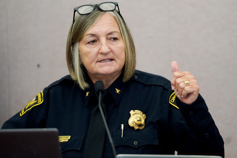 Cincinnati Police Chief Teresa Theetge speaks at a press conference with other city council members, Tuesday, June 24, 2025, at Cincinnati City Hall in Downtown Cincinnati. The press conference was held to address the rise in violence and procedures to help prevent future crime.