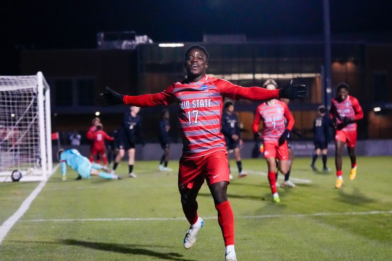 Ohio State midfielder Michael Adedokun (17) celebrates after scoring a goal against the Wake Forest Demon Deacons in the second half of the NCAA Tournament quarterfinals match at Jesse Owens Memorial Stadium on Saturday, Dec. 7, 2024 in Columbus, Ohio.