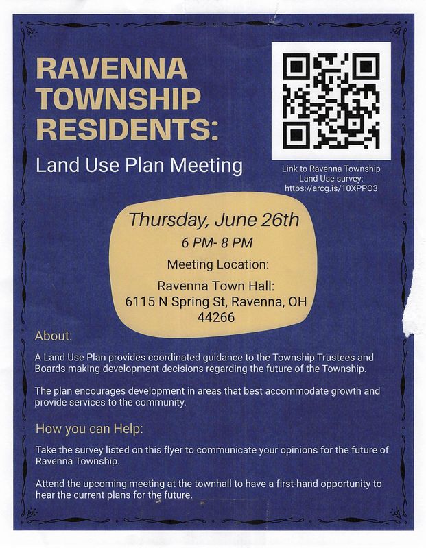 Ravenna Township will host a meeting June 26 to discuss a land use plan for the township.