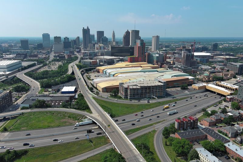 Traffic on I-670 passes the Greater Columbus Convention Center between Downtown and the Short North on June 27, 2025.