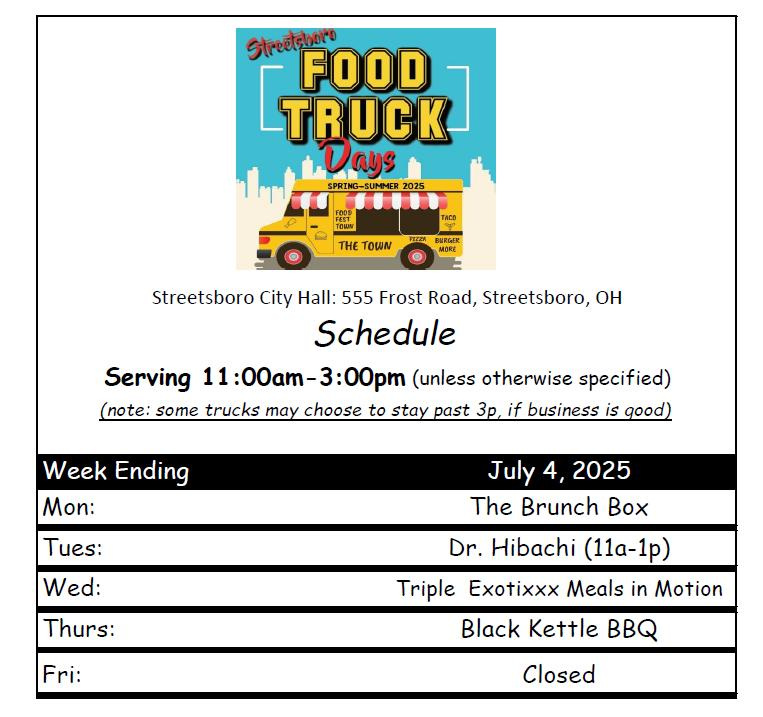 Food trucks will be parked at Streetsboro City Hall this week for Food Truck Days.