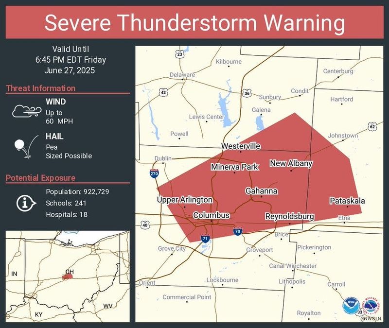 A National Weather Service map shows areas under a severe thunderstorm warning until 6:45 p.m. June 27.