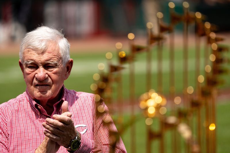 Cincinnati Reds owner Bob Castellini claps during a ceremony honoring the “Big Red Machine” team before the game between Cincinnati Reds and San Diego Padres at Great American Ball Park in Cincinnati on Saturday, June 28, 2025.