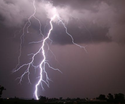 A photo of cloud to ground lightning.