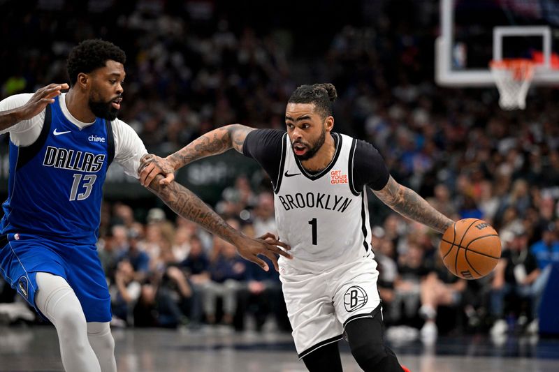 Mar 31, 2025; Dallas, Texas, USA; Brooklyn Nets guard D'Angelo Russell (1) drives to the basket past Dallas Mavericks forward Naji Marshall (13) during the second half at the American Airlines Center. Mandatory Credit: Jerome Miron-Imagn Images