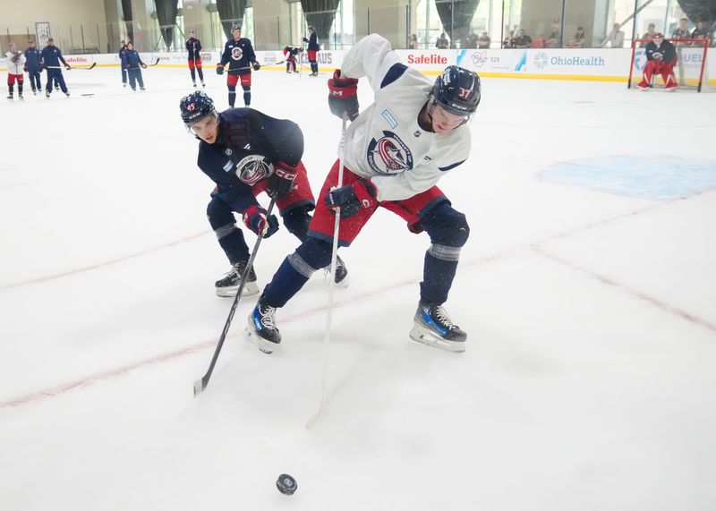 Defenseman Jackson Smith (37) fights for the puck with forward Jeremy Loranger (45) during the Columbus Blue Jackets development camp at the OhioHealth Ice Haus on July 2, 2025.