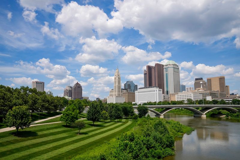 Pillowy clouds float over the Columbus skyline on July 2, 2025.