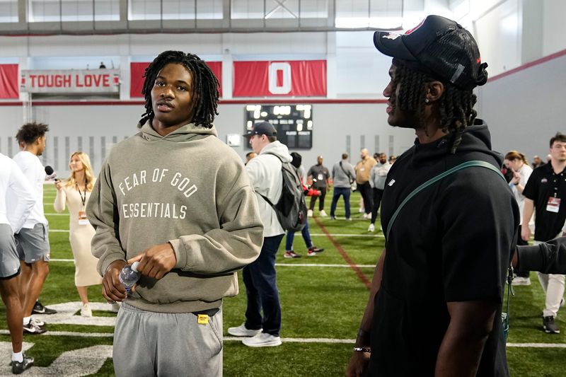 Ohio State Buckeyes wide receiver Jeremiah Smith talks to Arizona Cardinals wide receiver Marvin Harrison Jr. during the pro day for NFL scouts at the Woody Hayes Athletic Cente on March 26, 2025.