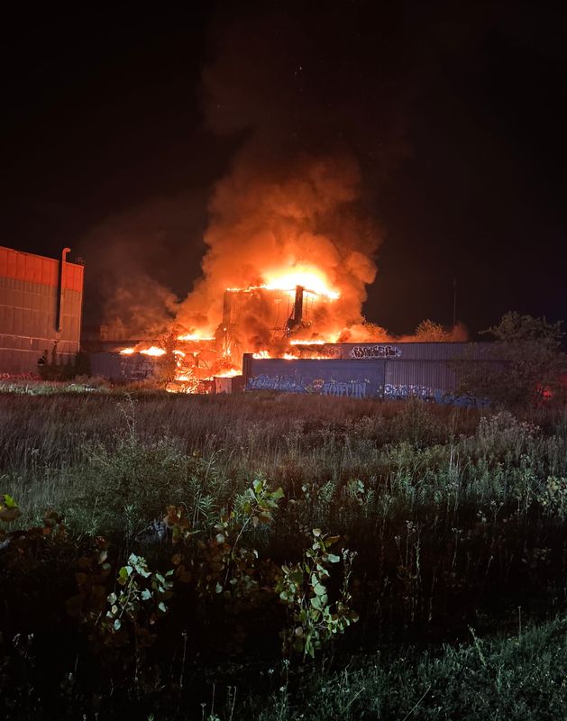 View of Wilbeth Avenue commercial building fire on July 2, 2025.