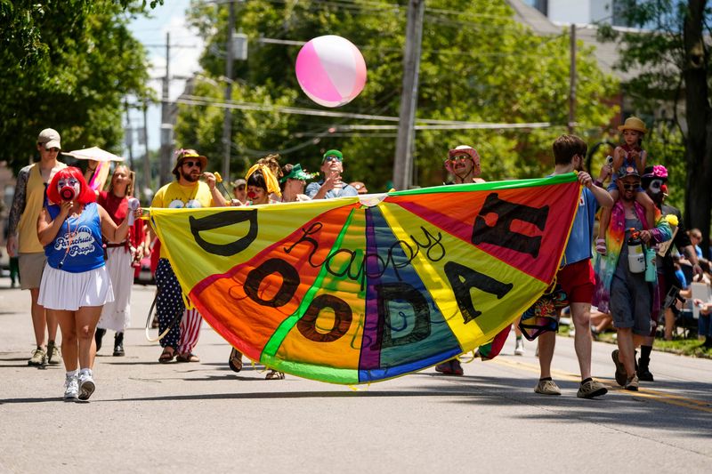 The Parachute People march in the Doo Dah Parade in Victorian Village on July 4, 2025.