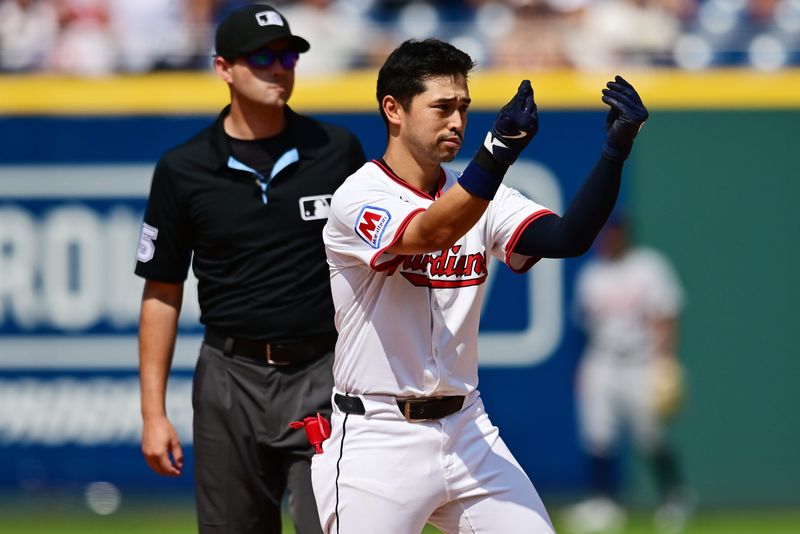 Cleveland Guardians' Steven Kwan celebrates after hitting an RBI double against the Detroit Tigers on July 6, 2025, in Cleveland, Ohio.