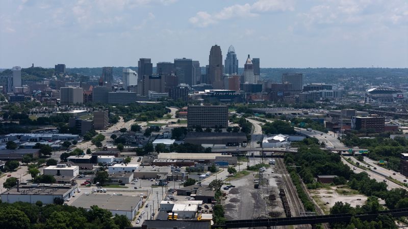 An aerial view of downtown Cincinnati on Thursday, July 3, 2025.