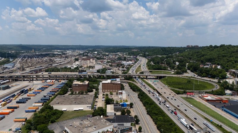 An aerial view of Western Hills viaduct and I-75 in Cincinnati.