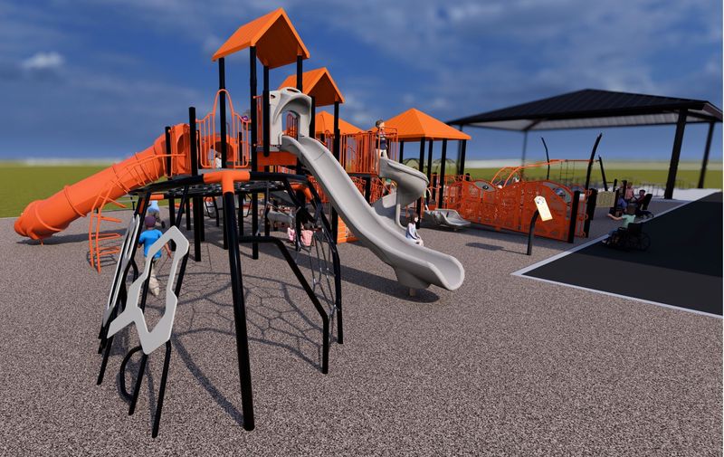 A three dimensional rendering of the in-construction playground at Ridgewood Elementary School showing the primary new equipment and pavilion.
