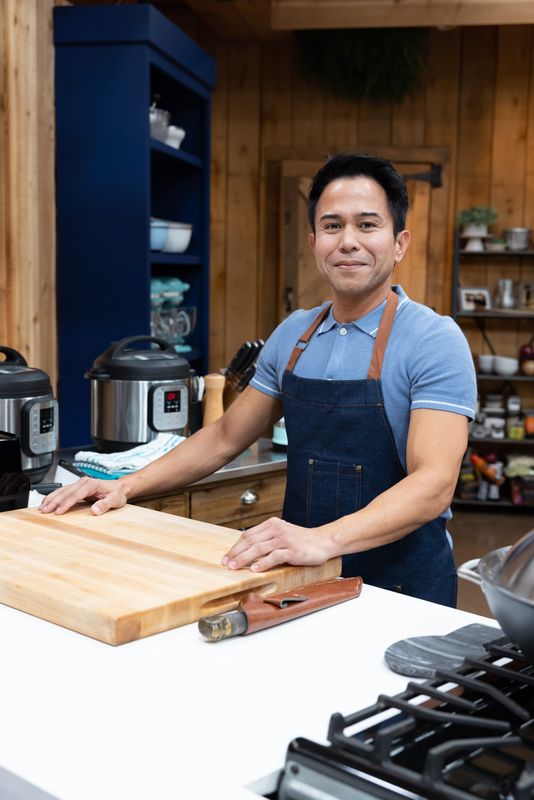 Rex Alba at his work station on the set of "The Great American Recipe." The home cook from Columbus will compete in the finals of Season 4, which airs Aug. 15, 2025, on PBS.