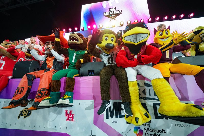 Big 12 mascots and cheerleaders pose for a group photo during Big 12 Media Days at The Star in Frisco, Texas, on July 8,