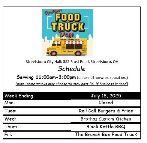 Food Trucks will be parked at Streetsboro City Hall the week of July 14.