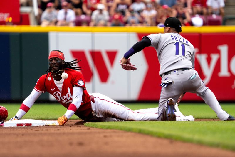 Elly De La Cruz nabs one of his 35 stolen bases, against the Rockies in July.