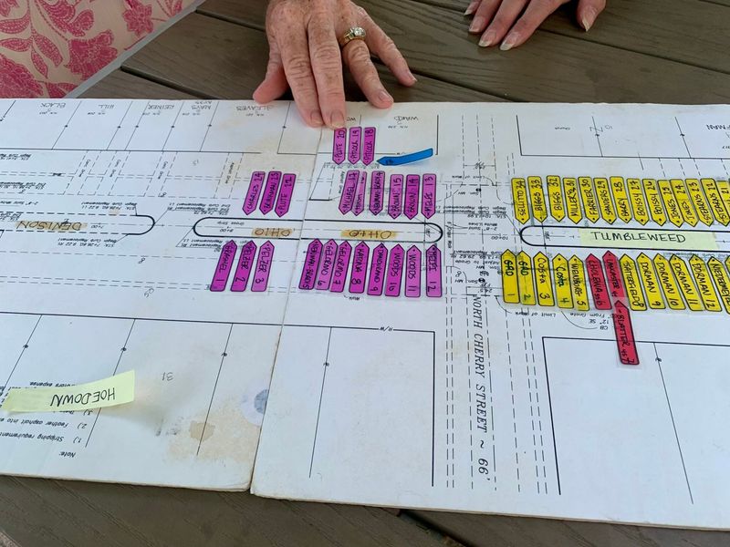 A map of past plans for the Great Granville Picnic tables: 14 tables on each side of the median in three sections.