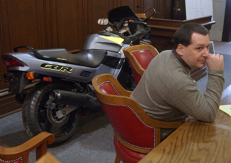 John Zaffino during his trial for the slaying of Jeff Zack by a black-clad man on a motorcycle. Behind him is 1995 Honda motorcycle seized by police at the home of Zaffino's ex-wife in Pennsylvania.