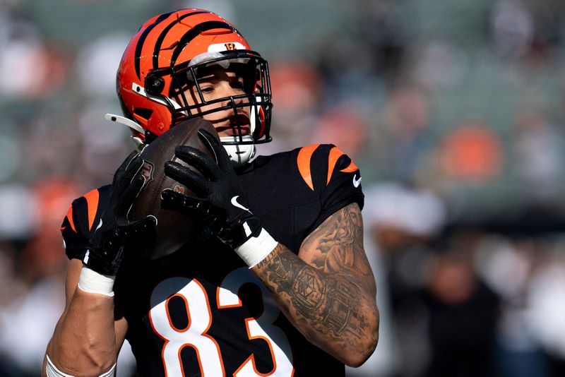 Cincinnati Bengals tight end Erick All Jr. (83) catches a pass before the NFL game between the Cincinnati Bengals and the Las Vegas Raiders at Paycor Stadium in Cincinnati on Sunday, Nov. 3, 2024.