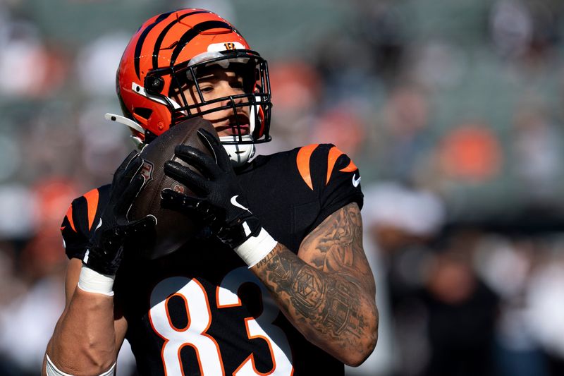 Cincinnati Bengals tight end Erick All Jr. (83) catches a pass before the NFL game between the Cincinnati Bengals and the Las Vegas Raiders at Paycor Stadium in Cincinnati on Sunday, Nov. 3, 2024.