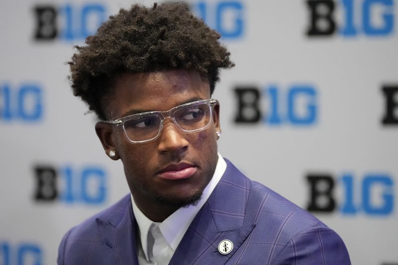 Ohio State safety Caleb Downs speaks to the media during the Big Ten NCAA college football media days at Mandalay Bay Resort.