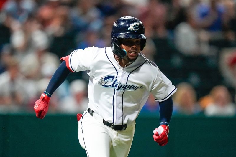 Columbus Clippers infielder Dayan Frias (17) runs to first base during the game against the Buffalo Bisons at Huntington Park on Tuesday, July 22, 2025 in Columbus, Ohio.