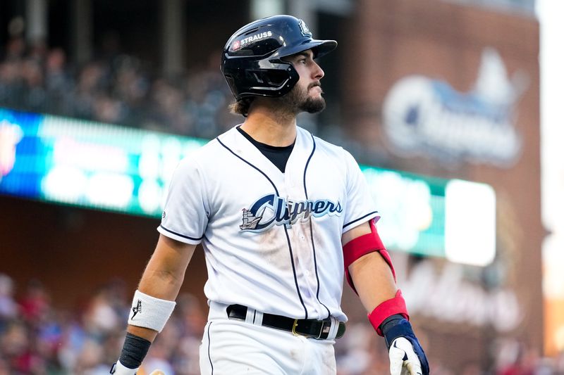 Columbus Clippers catcher Kody Huff (6) walks to the dugout during the game against the Buffalo Bisons at Huntington Park on Tuesday, July 22, 2025 in Columbus, Ohio.