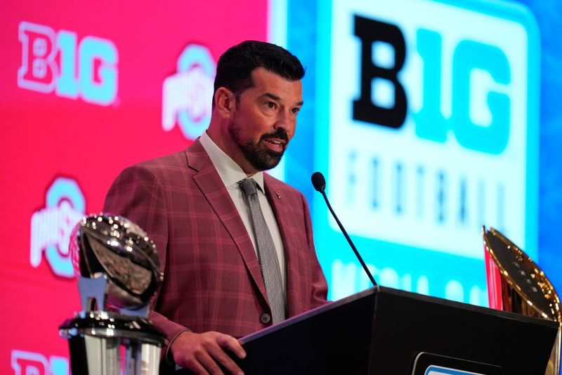 Jul 22, 2025; Las Vegas, NV, USA; Ohio State head coach Ryan Day speaks to the media during the Big Ten NCAA college football media days at Mandalay Bay Resort. Mandatory Credit: Lucas Peltier-Imagn Images