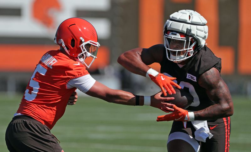 Cleveland Browns quarterback Dillon Gabriel (5) hands off to running back Ahmani Marshall (39) during NFL training camp practice at the Cleveland Browns training facility, Wednesday, July 23, 2025, in Berea, Ohio.