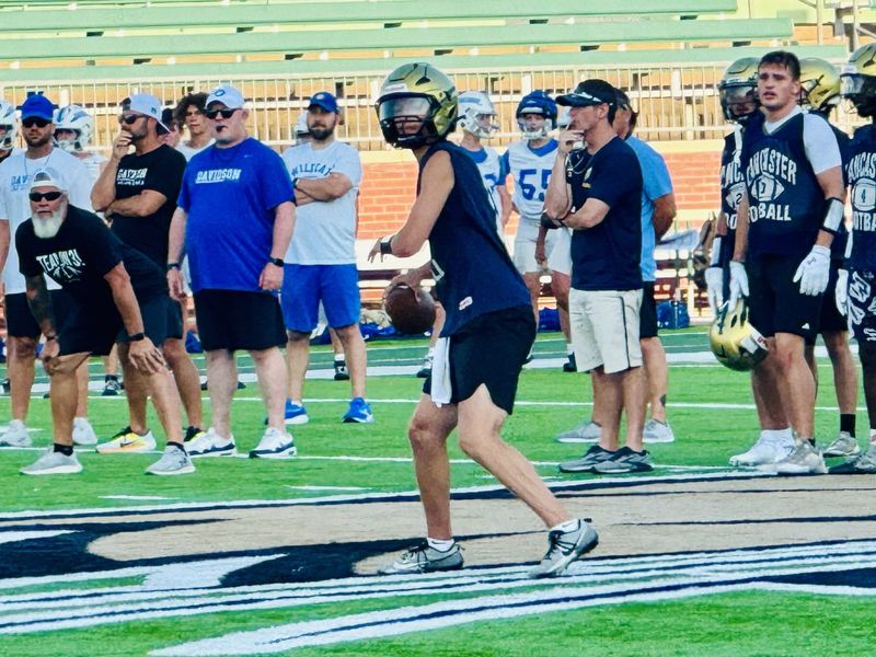 Lancaster senior quarterback Brody Burke prepares to throw a pass against Hilliard Davidson during a 7-on-7 passing scrimmage at Ohio University on July 21, 2025.