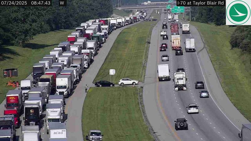 An image from an Ohio Department of Transportation live traffic camera shows traffic approaching a crash on Interstate 70 near West Jefferson.