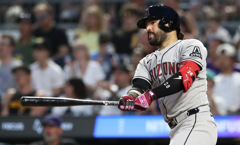 Arizona Diamondbacks third baseman Eugenio Suarez (28) hits a single against the Pittsburgh Pirates during the sixth inning at PNC Park on July 26, 2025, in Pittsburgh.