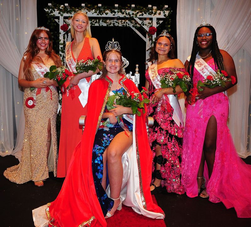 The 2025 Greater Alliance Carnation Festival Queen Pageant was July 26, 2025, in Alliance High School. Pictured from left: Sophia Thomas, Miss Congeniality; Haley Morris, 1st attendant; Queen Brooke Fiegenschuh; Avery Horning, 2nd attendant; Karlaysia West-Cole, 3rd attendant. Michael Skolosh/Special to the Alliance Review
