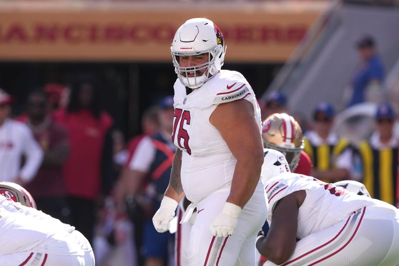 Oct 6, 2024; Santa Clara, California, USA; Arizona Cardinals guard Will Hernandez (76) during the third quarter against the San Francisco 49ers at Levi's Stadium. Mandatory Credit: Darren Yamashita-Imagn Images