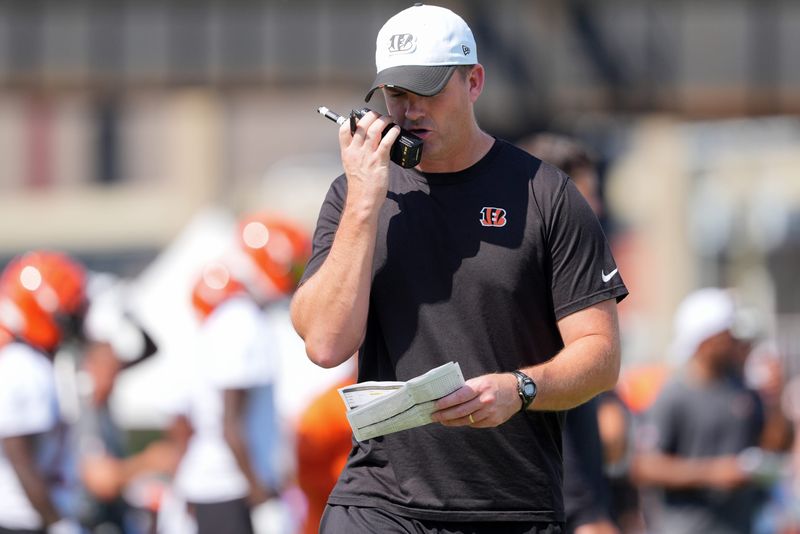 Jul 25, 2025; Cincinnati, OH, USA; Cincinnati Bengals head coach Zac Taylor calls a play during training camp practice. Mandatory Credit: Kareem Elgazzar-Imagn Images
