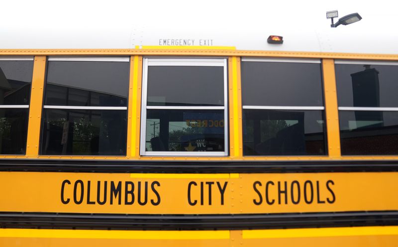 Columbus City Schools bus drops kids off at Woodcrest Elementary School for the first day of school on Jul 28, 2025. Woodcrest Elementary School is the district's only year-round school.