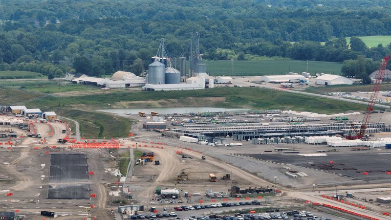 The Heimerl Farms buildings remain as Intel continues to build their chip-manufacturing facility in New Albany, Ohio on Monday, July 28, 2025.
