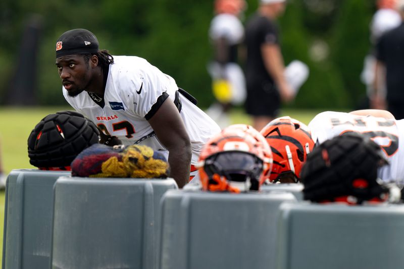 Shemar Stewart, shown during a drill earlier in camp, said Joe Burrow was understanding when Stewart apologized for accidentally hitting the star quarterback. “You know it’s cool, as long as you do it on Sundays too,” Stewart recalled Burrow saying.