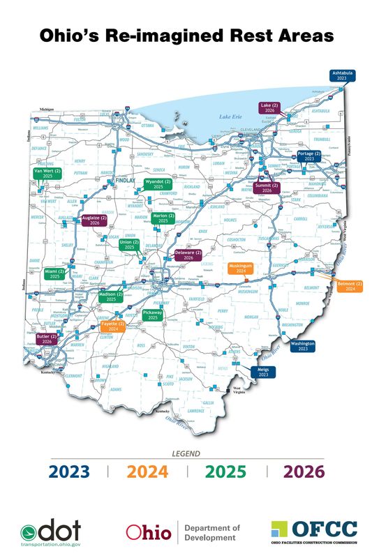 This map from the Ohio Department of Transportation shows the rest areas around the state that will be or have been upgraded.
